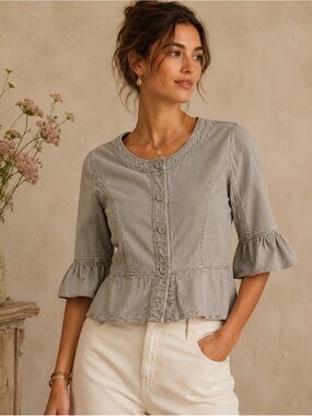 LIGHT Pinstripe Peplum Jacket Blouse Bell Sleeve Cottagecore Medium
